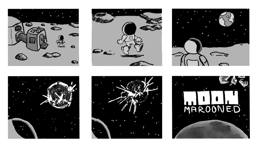 Six panel comic showing an astronaut on the moon who watches the Earth explode. Oh no!