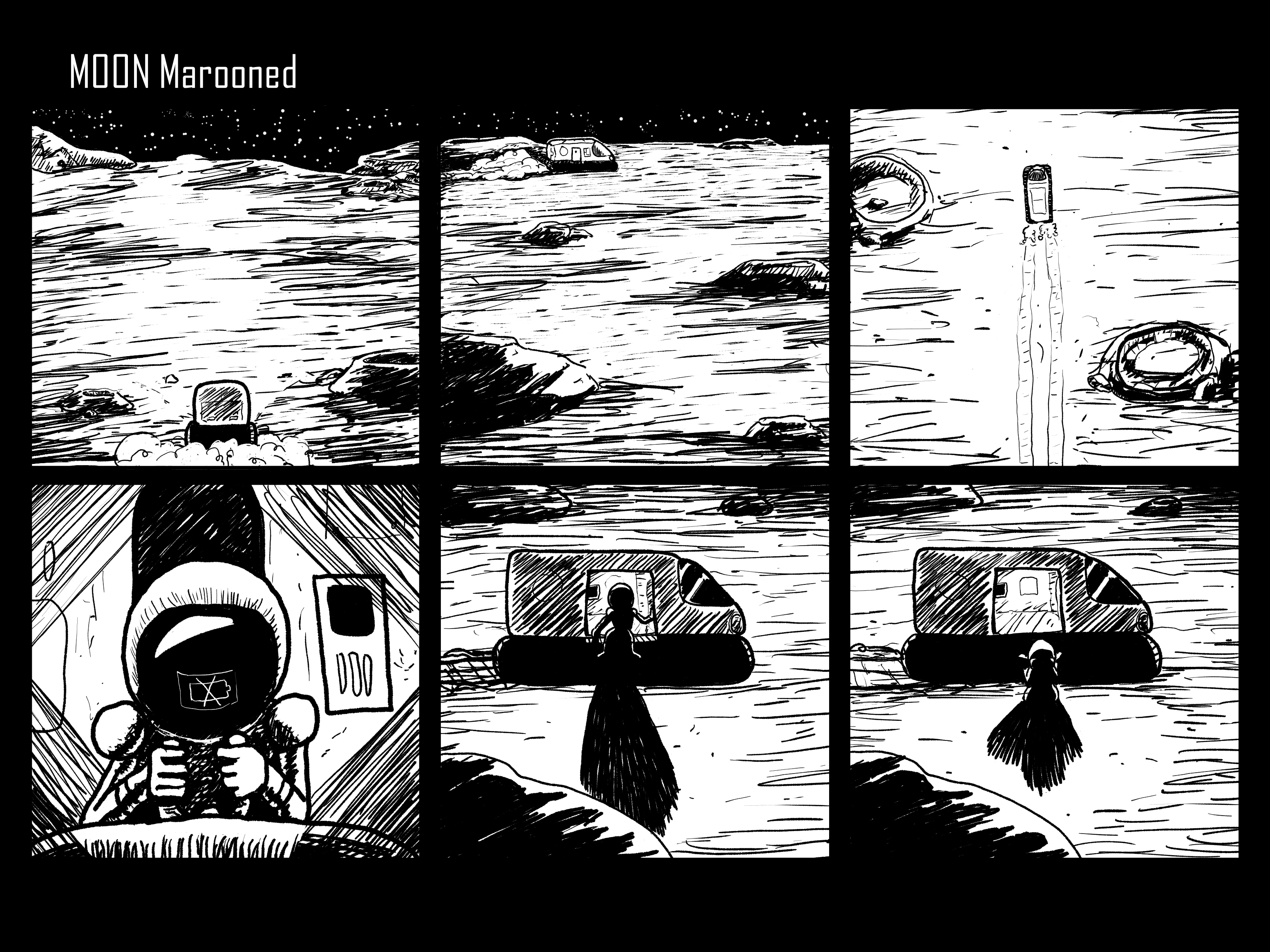 Six panel comic, in which the moon guy drives the moon buggy across the moon. The buggy runs out of battery. The moon guy exits the buggy and collapses to his knees in despair.