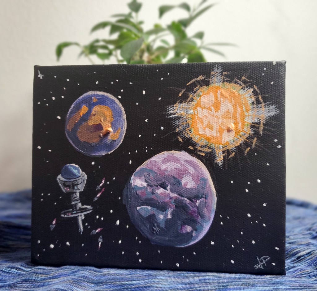 Acyrilic painting of a space station in space with some planets, photographed in front of a planet