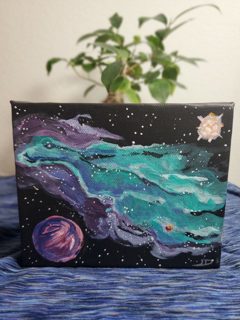 Photograph of acrylic painting of a nebula and a planet.