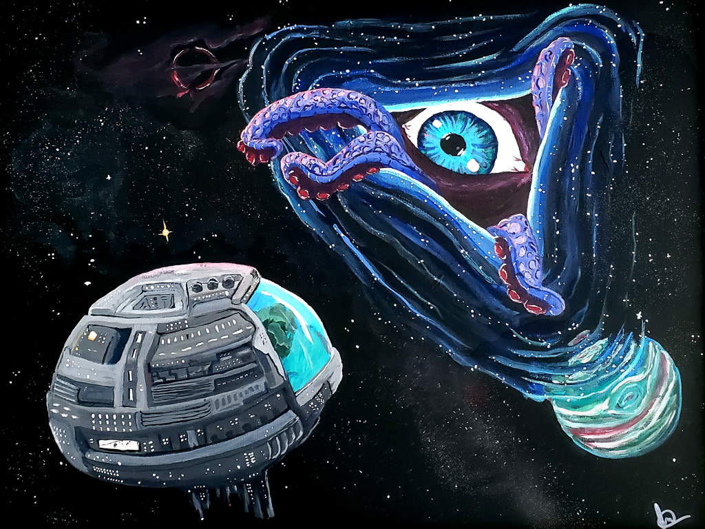Acrylic painting, a gazer gazing back at a space station through the folds of space.