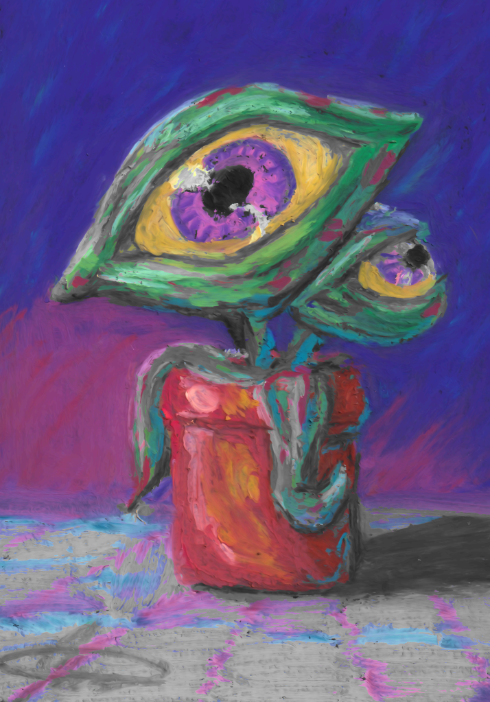 Oil pastel artwork, a potted eyeplant with two eyeblossoms