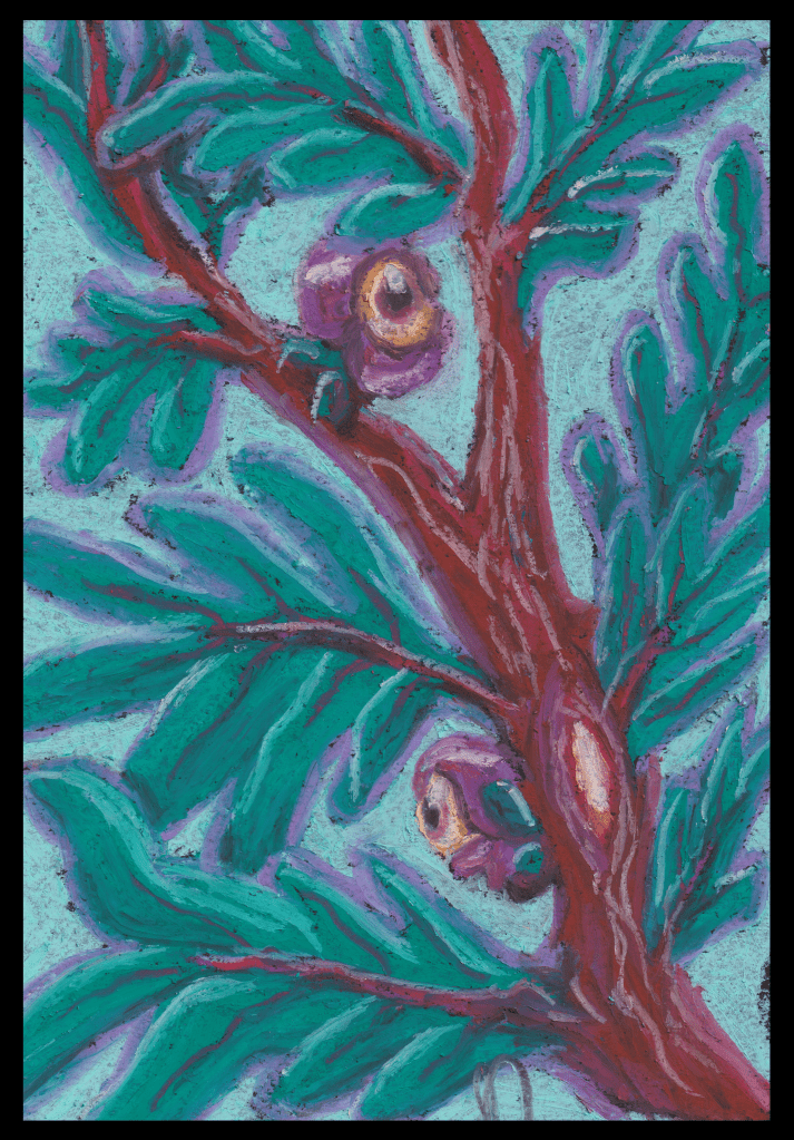 Oil pastel artwork, a branch with leaves and eyeberries