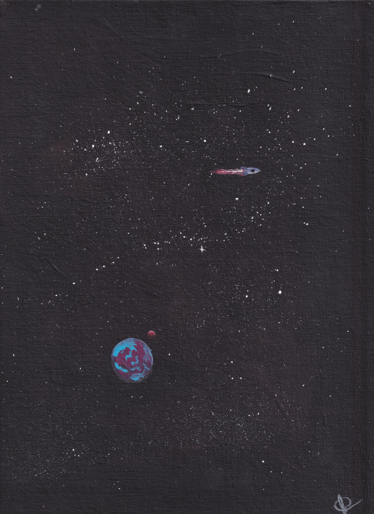 This is not a rocketship in space. It's a painting.