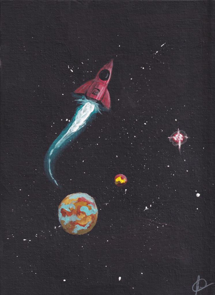 Red rocket, black space, stars and planets. 