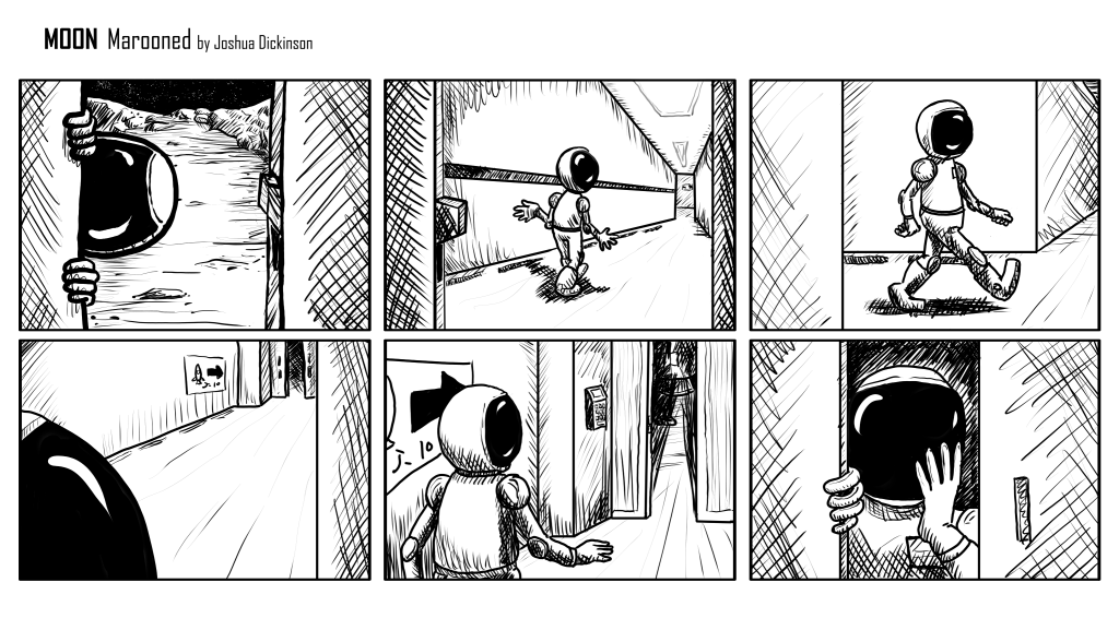 Six panel comic: The moon guy explores a hidden base and makes a discovery!