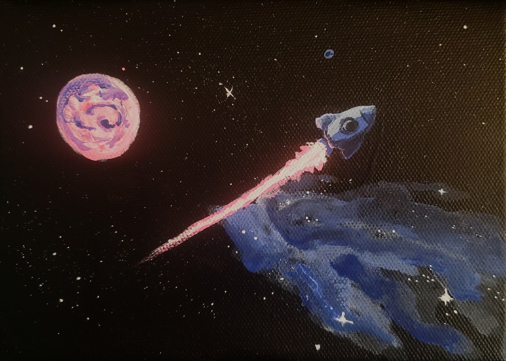 Acrylic painting of a rocketship flying through space