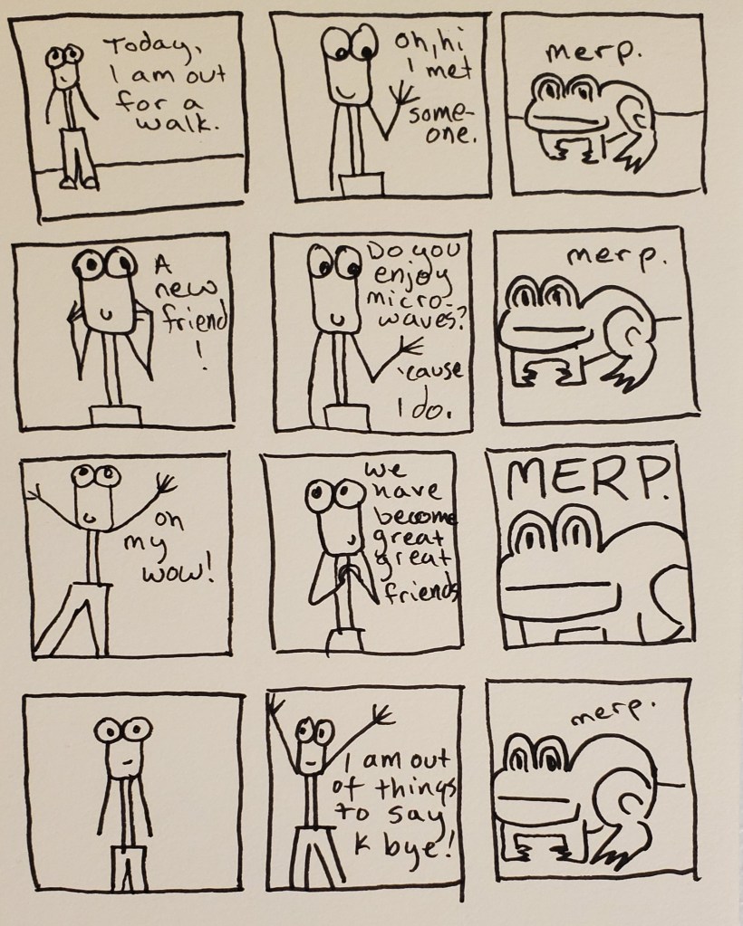 A comic. Uuleg is out for a walk. He meets a friend and confesses his love of microwaves. Oh my wow.