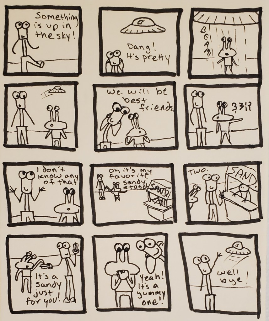 A comic. Something is up in the sky. A pretty saucers sends Uuleg a new friend. Uuleg treats his visitor to his favorite sandy stand.