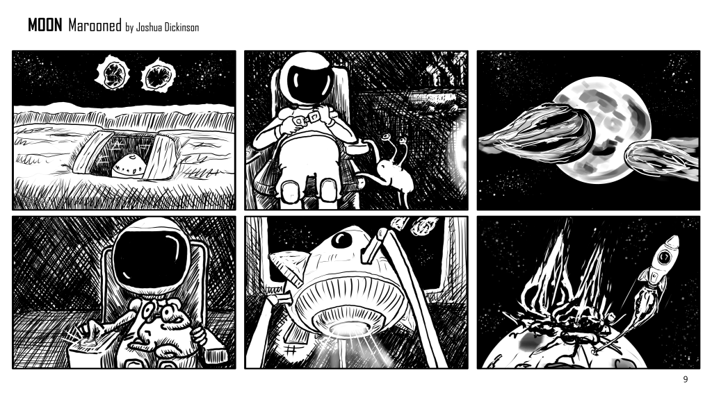 Moon marooned, a webcomic. Page 9. The moon guy and the alien strap in as two chunks of earth hurtle towards the moon. The rocket sppeds away as the chunks impact.