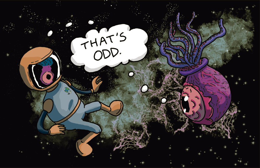 Digital illustration. A space dude floats in space facing a tentacle eyeball creature. They both are thinking "That's odd".