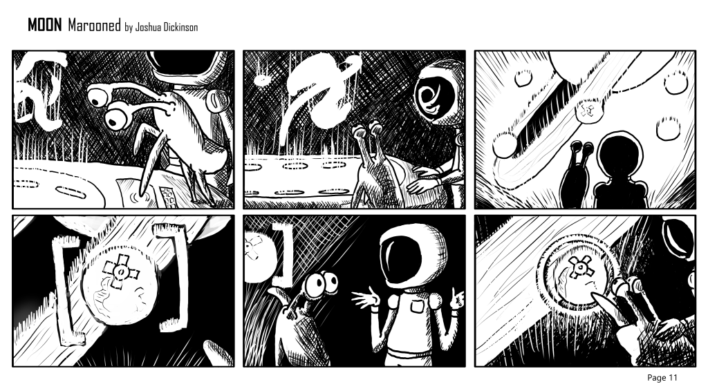 Six panel comic. The moon guy and the alien select a moon of Saturn to go to.