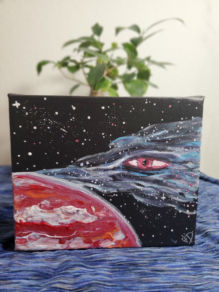Acrylic painting on canvas, photographed in front of a plant. A large eye in a nebula gazes upon a red planet.