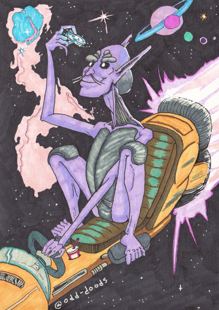 Pen and marker illustration. A cosmic guy on a space bike examines a galaxy.