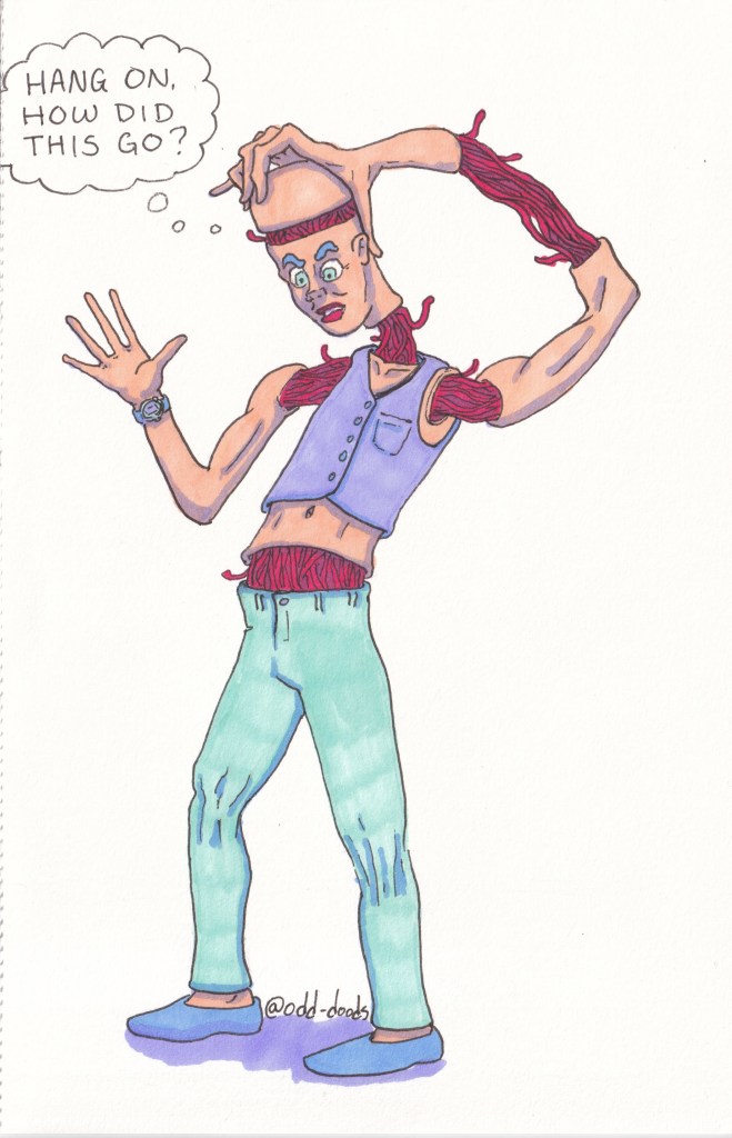 Pen and marker illustration. A fellow tries to put his limbs and torso and skull together. Red tendrils extrude from the gaps. The fellow thinks in a thought bubble: "How did this go again?"
