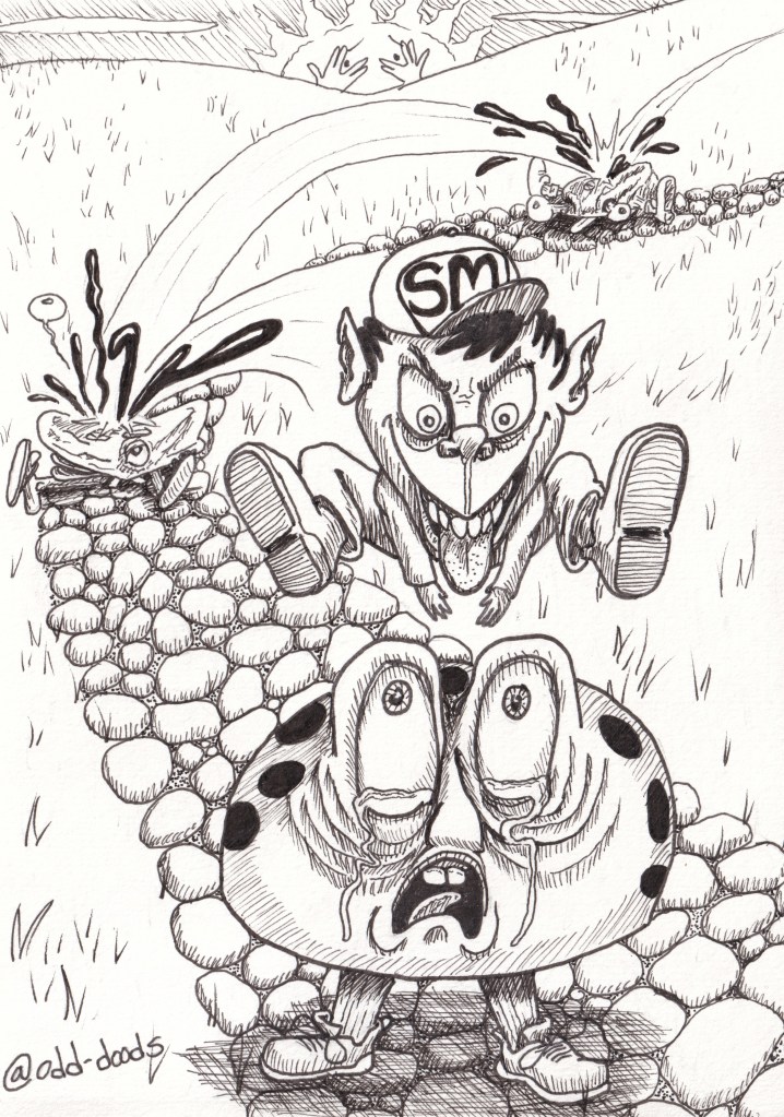 Pen illustration. An evil looking sprite jumps on a frightened-looking mushroom man. A series of smooshed mushroomfolk litter the path behind the Smooshman.