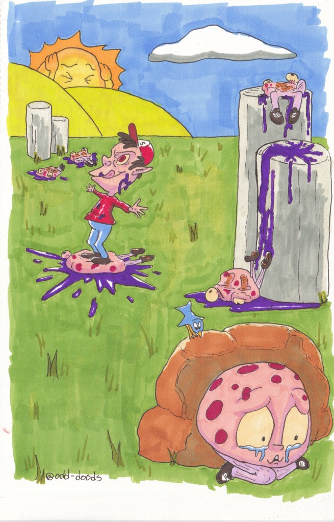 Brightly colored pen and marker illustration. A mushroom man cowers behind a stone. In the background, the red-shirted Smooshman celebrates his latest smoosh. Mushroomfolk bodies again litter the field.