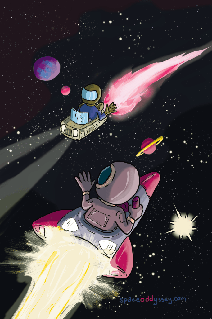 Digital illustration of the previous. The space dudes wave in space.