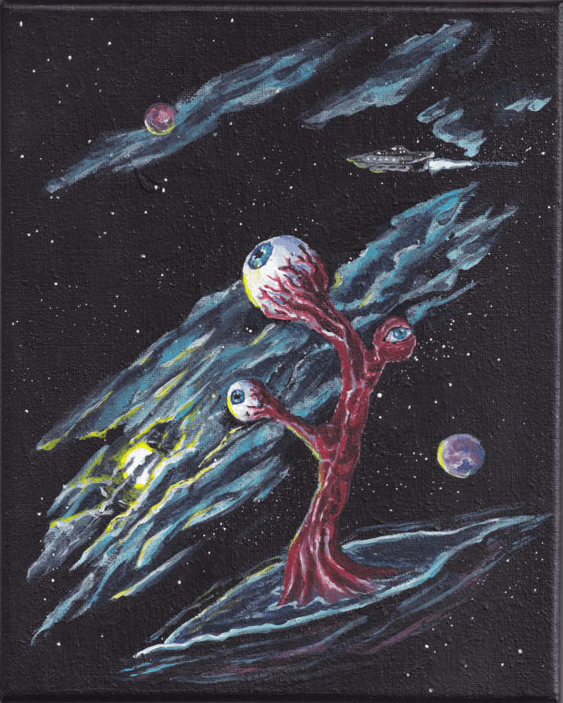 Painting of a stalk of eyeballs sprouting in space as a star cruiser passes by