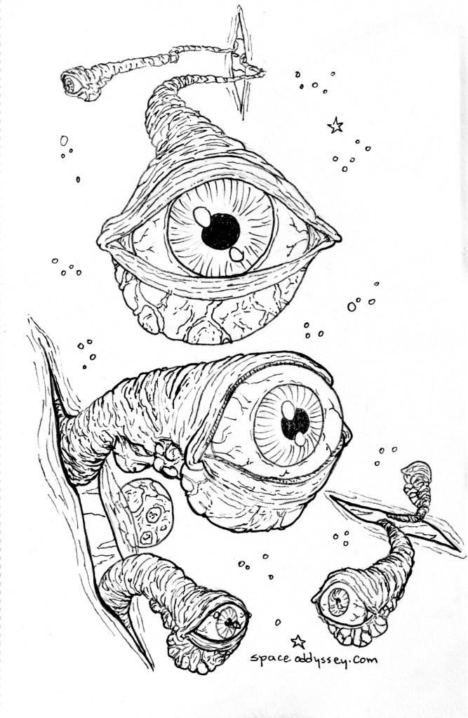 Eyeball worms emerge from space slits