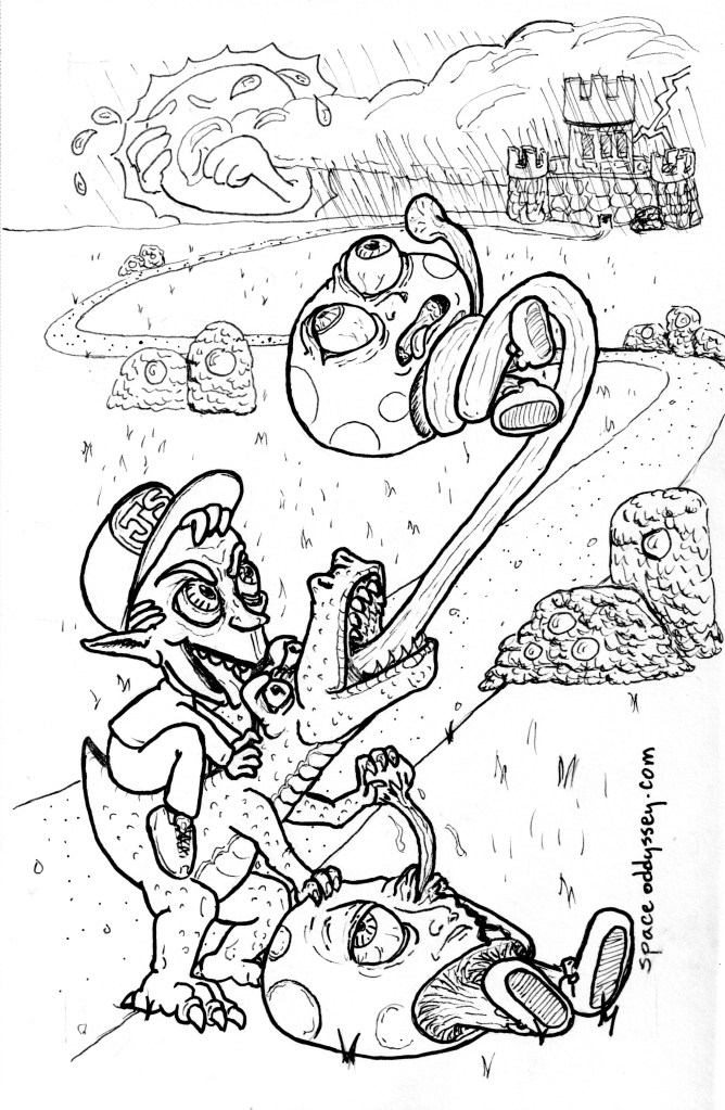 Illustration. An evil elvish fellow rides a dinosaur that is pulling an eyeball from a mushroom guy and strangling another with its tongue. The sun weeps in the background. signed spaceoddyssey.com