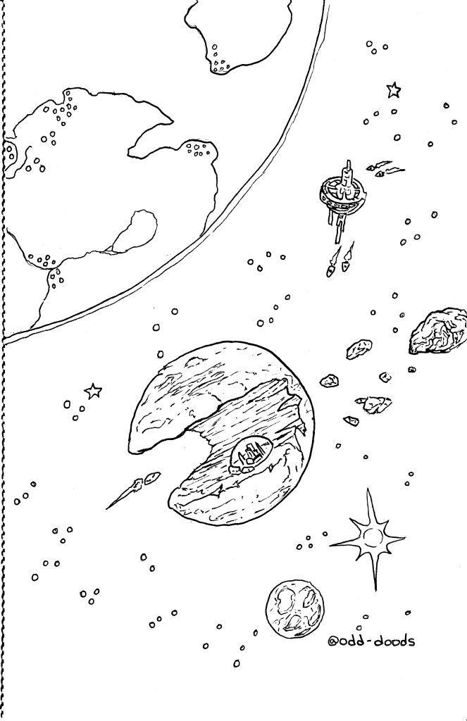 illustration of a spacey scene, there's a base on a hollowed moon, it's cozy. signed @odd-doods