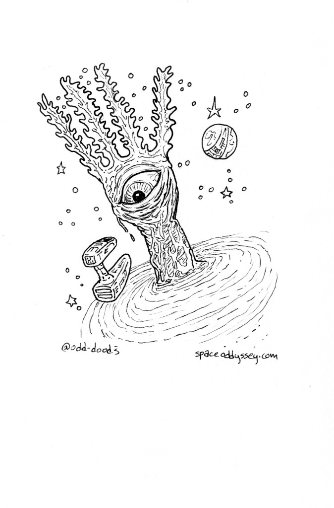 A seaweed-headed space cyclops greets a starship