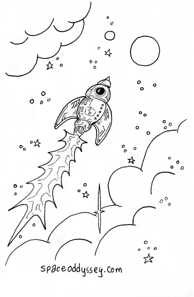 Illustration of a cute little rocket ship in space. signed spaceoddyssey.com