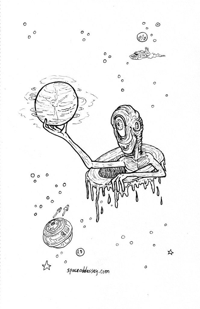 illustration of a cosmic cyclops tightening a sun in its socket. signed spaceoddyssey.com
