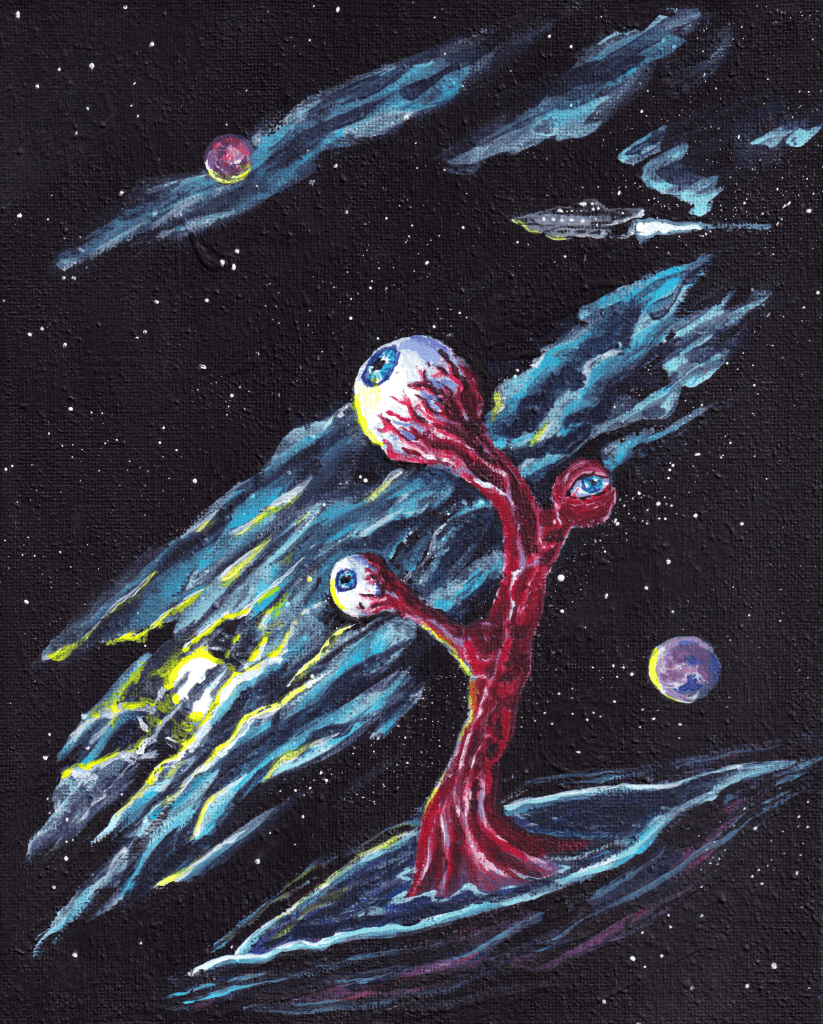 A painting of a stalk of eyeballs emerging from a slit in space.