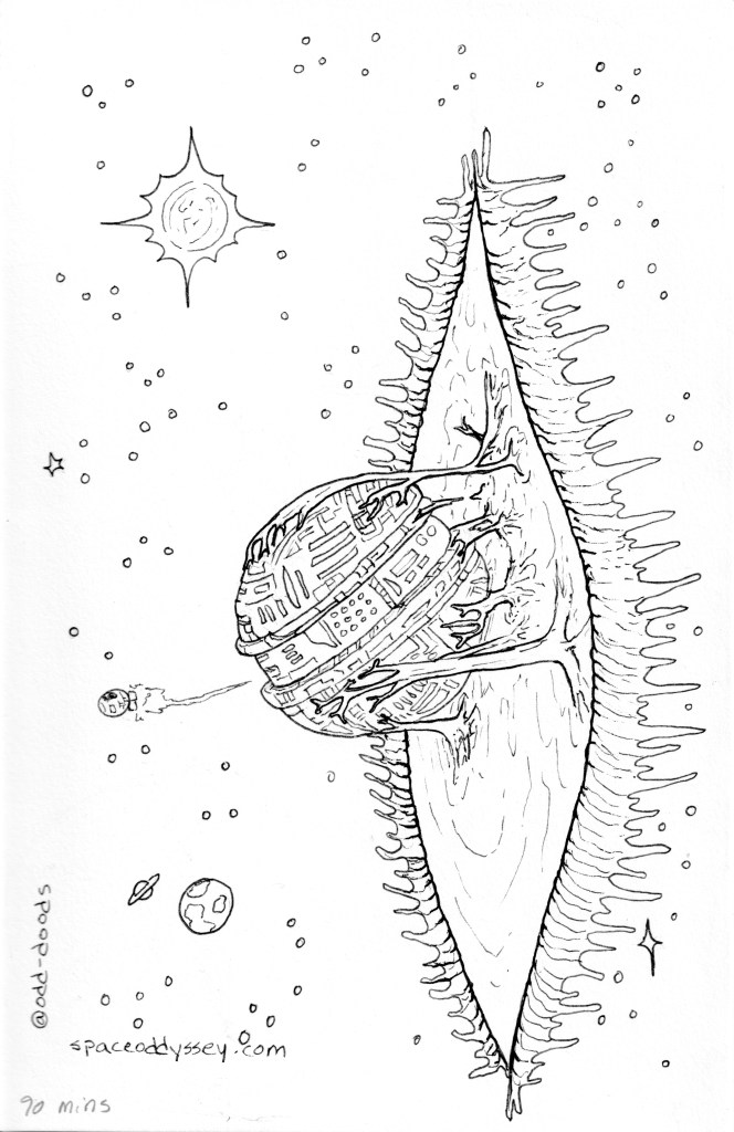 Illustration of a round space station emerging from a transdimensional slit. it's gooey. signed spaceoddyssey.com and @odd-doods