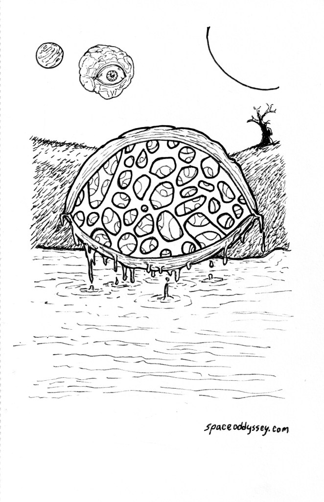 Illustration of a membranous egg thing emerging from water while an eyeball moon watches. There's a cute lil tree. signed spaceoddyssey.com